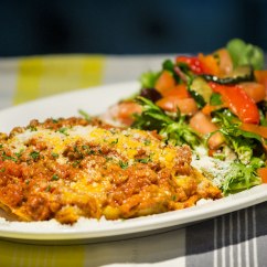 Lasagna: home made traditional veal and pork lasagne served with salad