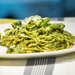 Linguine Pesto Genovese: home made traditional basil pesto served with boiled potato, Green beans and parmesan cheese